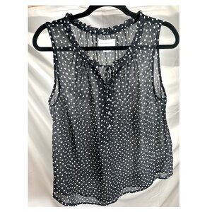 Liz Claiborne Sheer Black White Polka-Dot Buttondown w/Ruffles Vneck Blouse M